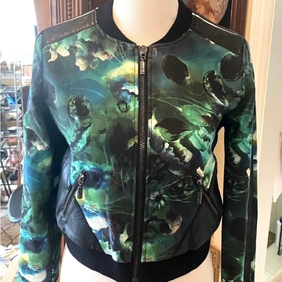 Womens Stella & Jamie Size XS Bomber Jacket Green Black Floral Designer Pocket - Picture 2 of 9